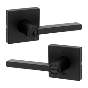 Kwikset Halifax entry handle front view in matte black for exterior security