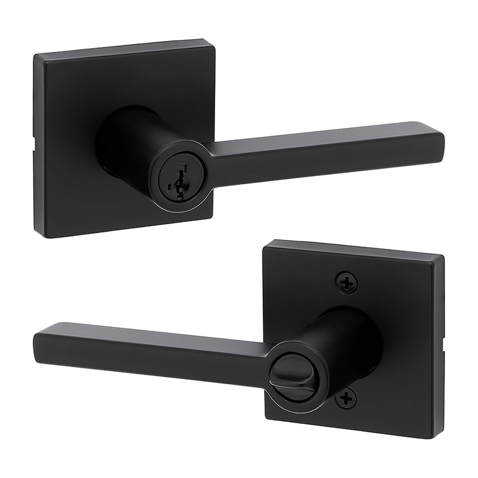 Kwikset Halifax entry handle front view in matte black for exterior security