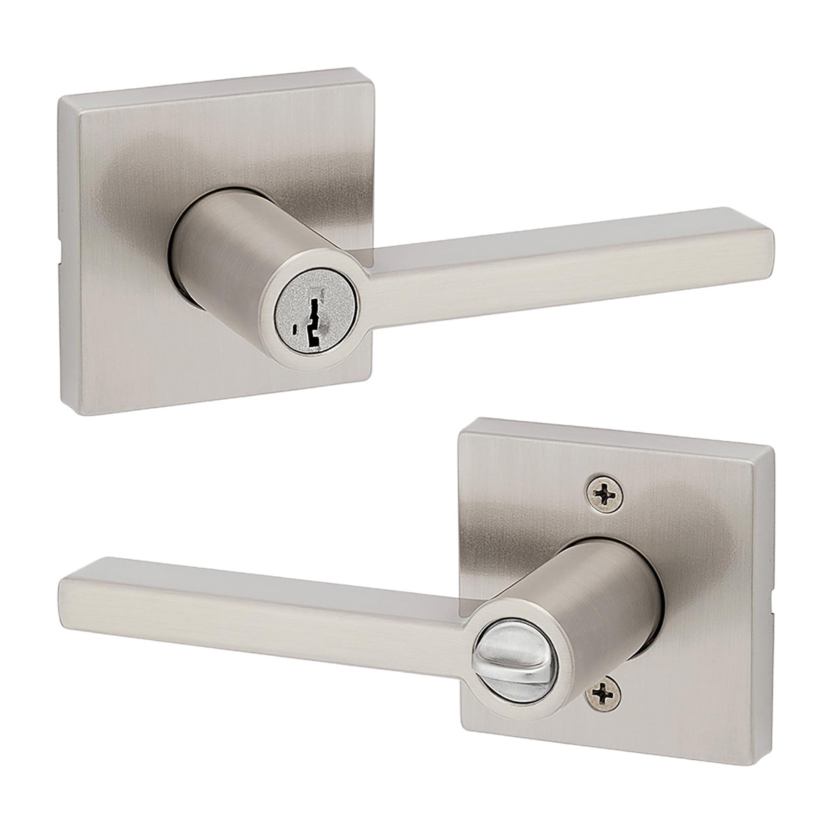 Kwikset Halifax exterior keyed-entry lever for secure front doors with SmartKey technology.