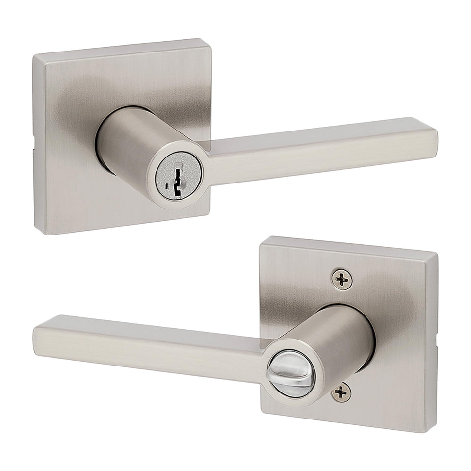 Kwikset Halifax exterior keyed-entry lever for secure front doors with SmartKey technology.