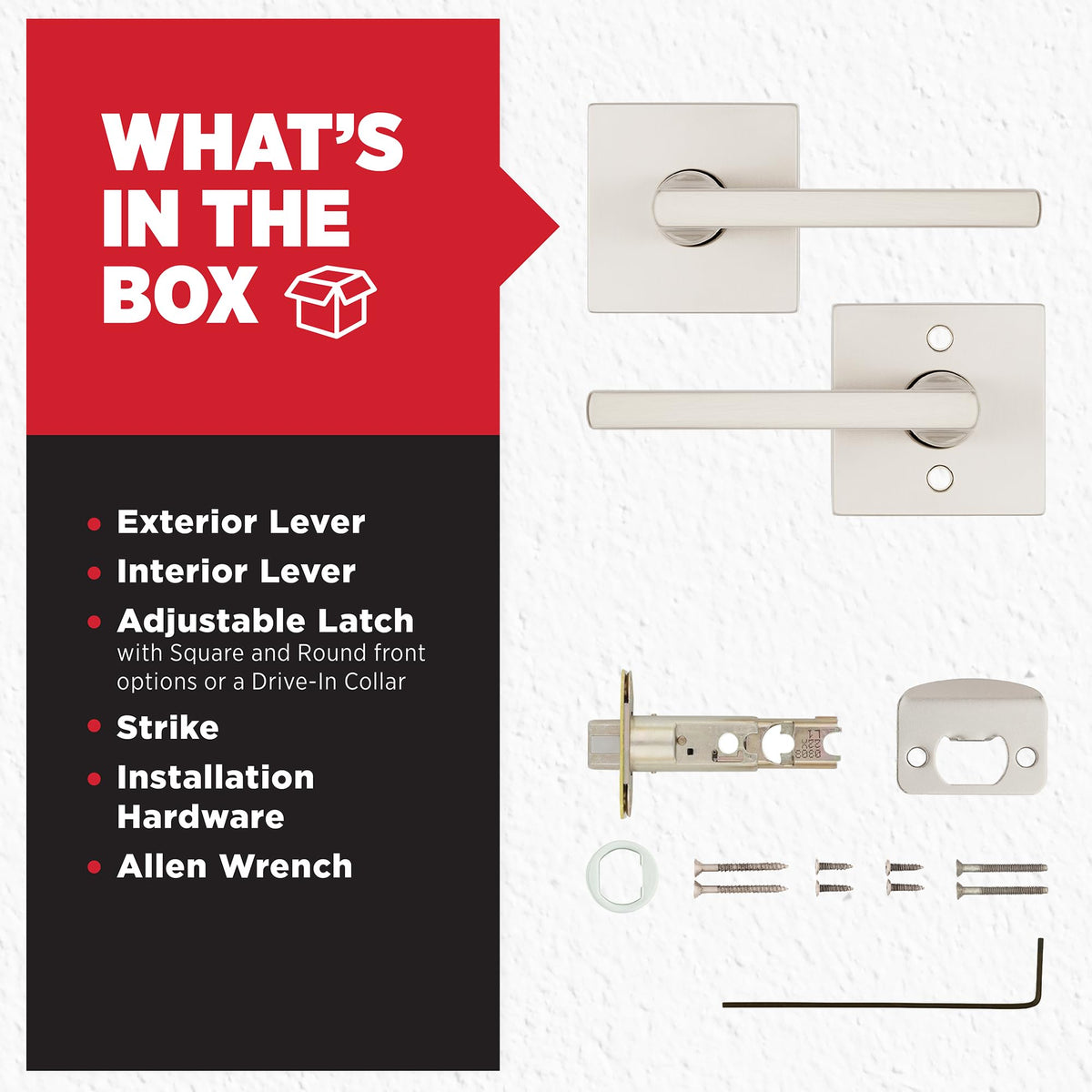Included latch and install hardware for Kwikset Halifax