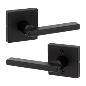 Kwikset Halifax interior passage lever in matte black for closets and hallways.