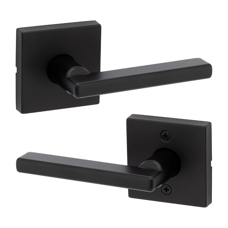 Kwikset Halifax interior passage lever in matte black for closets and hallways.