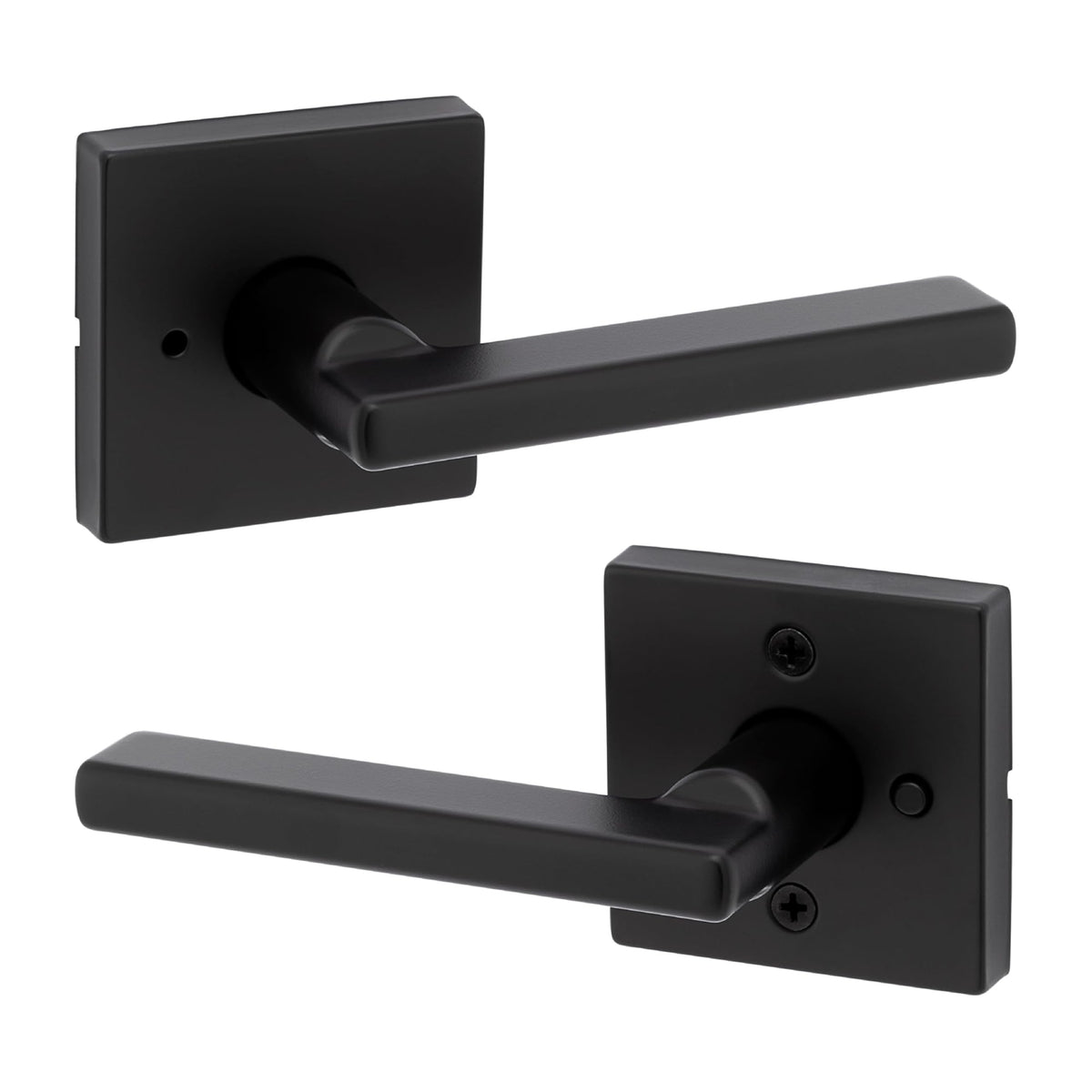 Kwikset Halifax interior privacy door lever in matte black for bedrooms and bathrooms.