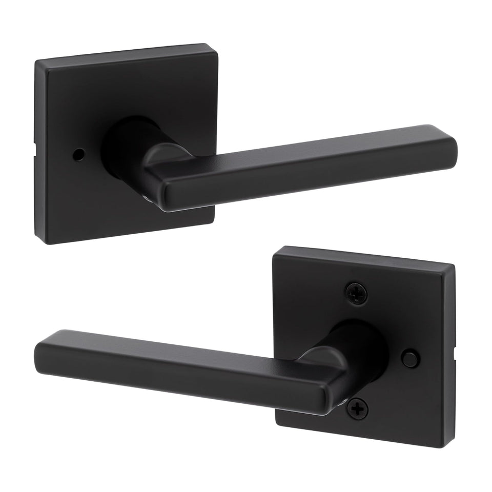 Kwikset Halifax interior privacy door lever in matte black for bedrooms and bathrooms.