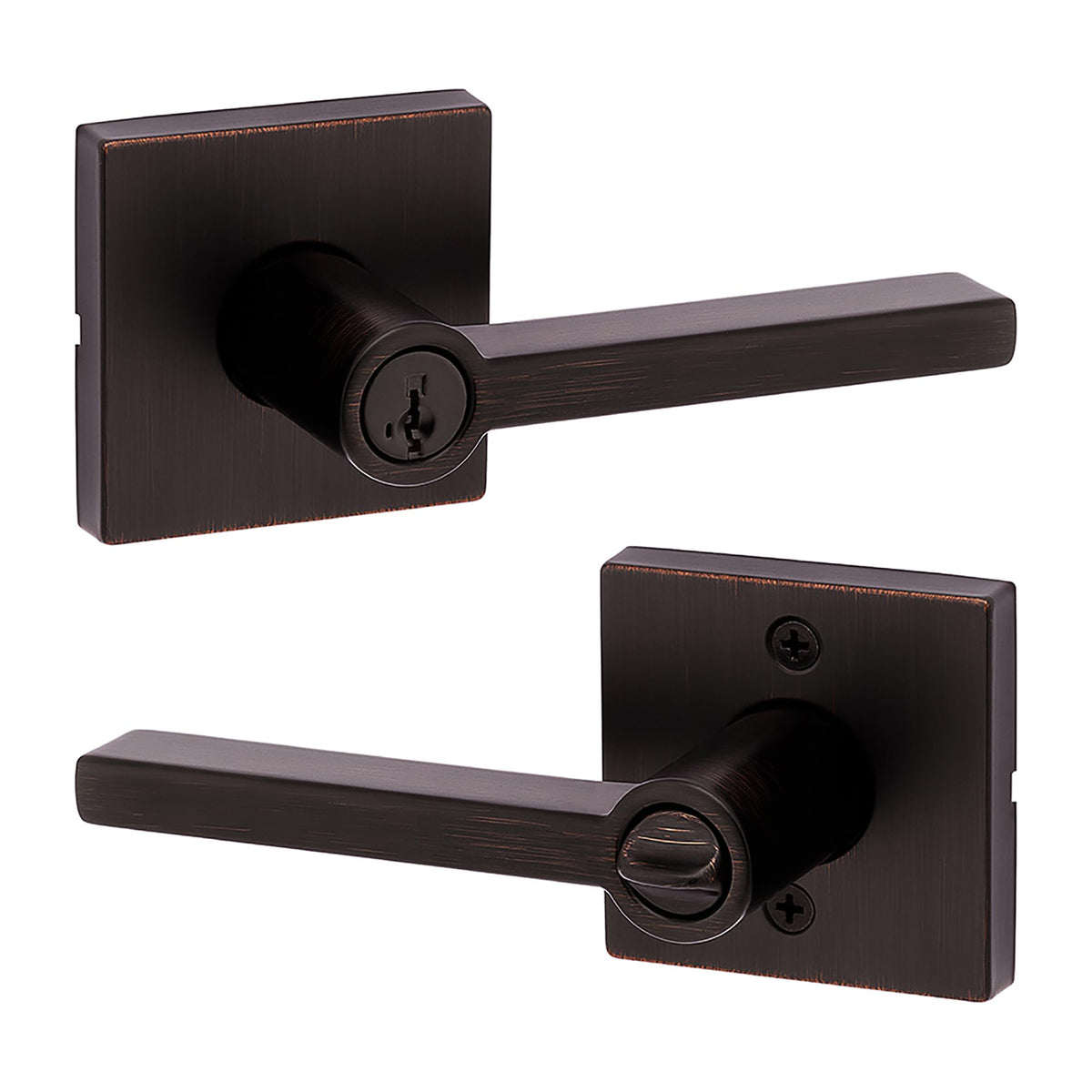 Kwikset Halifax keyed entry lever for exterior doors with SmartKey security and Microban protection.