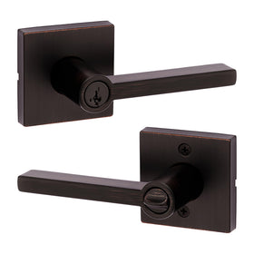 Kwikset Halifax keyed entry lever for exterior doors with SmartKey security and Microban protection.