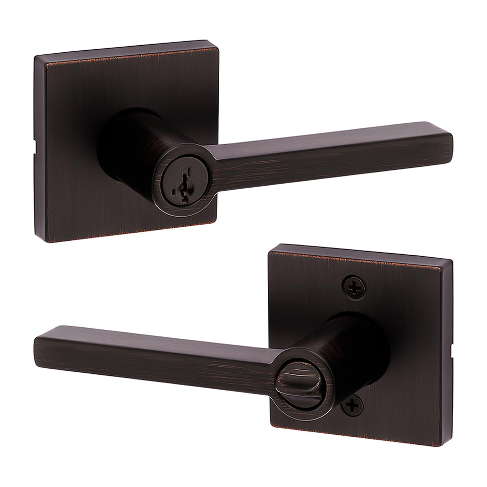 Kwikset Halifax keyed entry lever for exterior doors with SmartKey security and Microban protection.