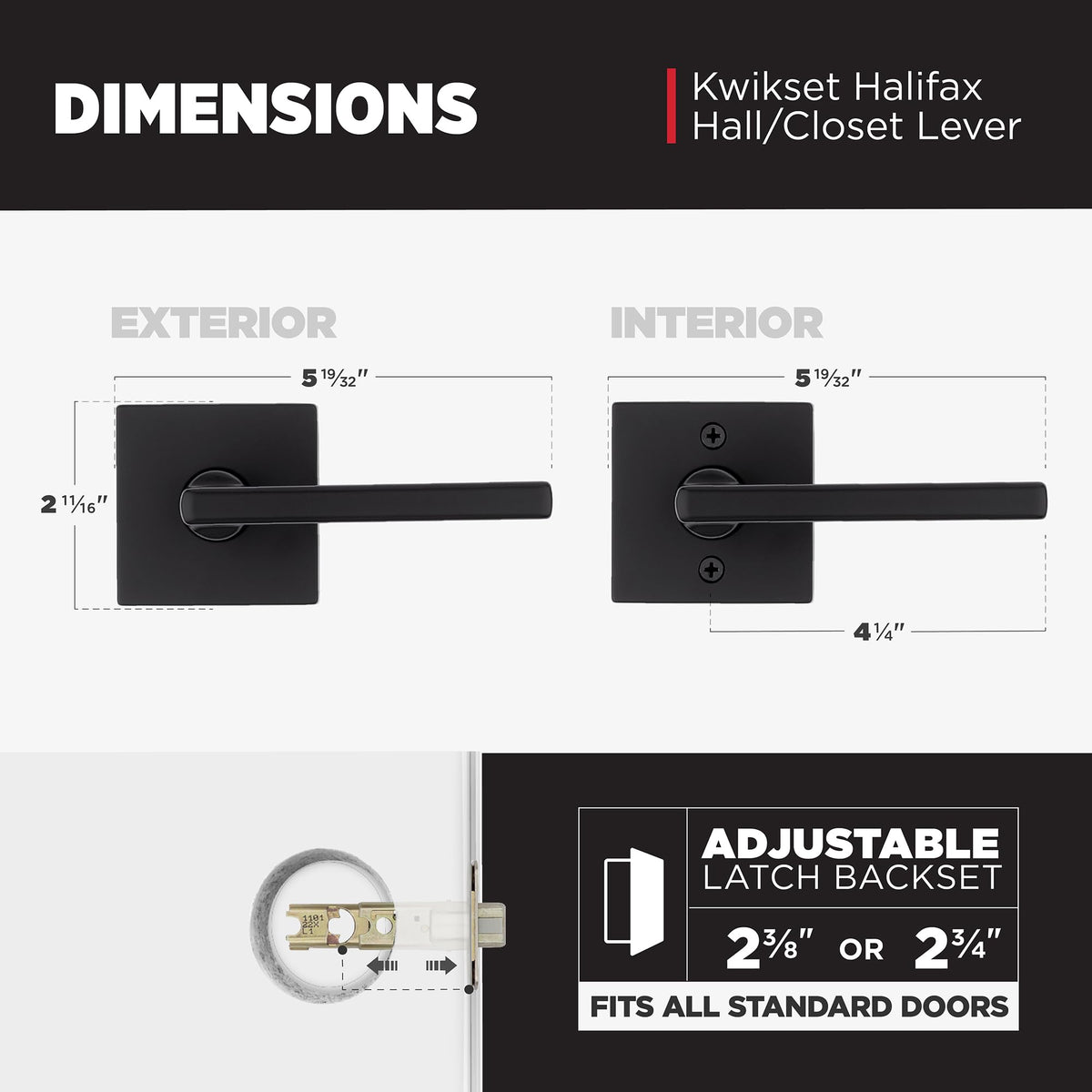 Kwikset Halifax matte black lever with adjustable backset to fit various doors.