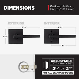 Kwikset Halifax matte black lever with adjustable backset to fit various doors.