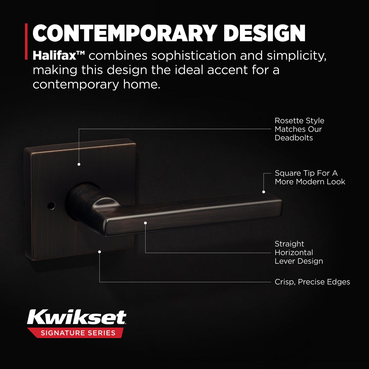 Kwikset Halifax square rose with Venetian Bronze finish for modern decor.