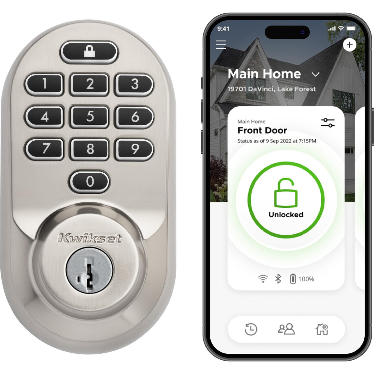 Kwikset Halo front view with satin nickel finish and keyless entry