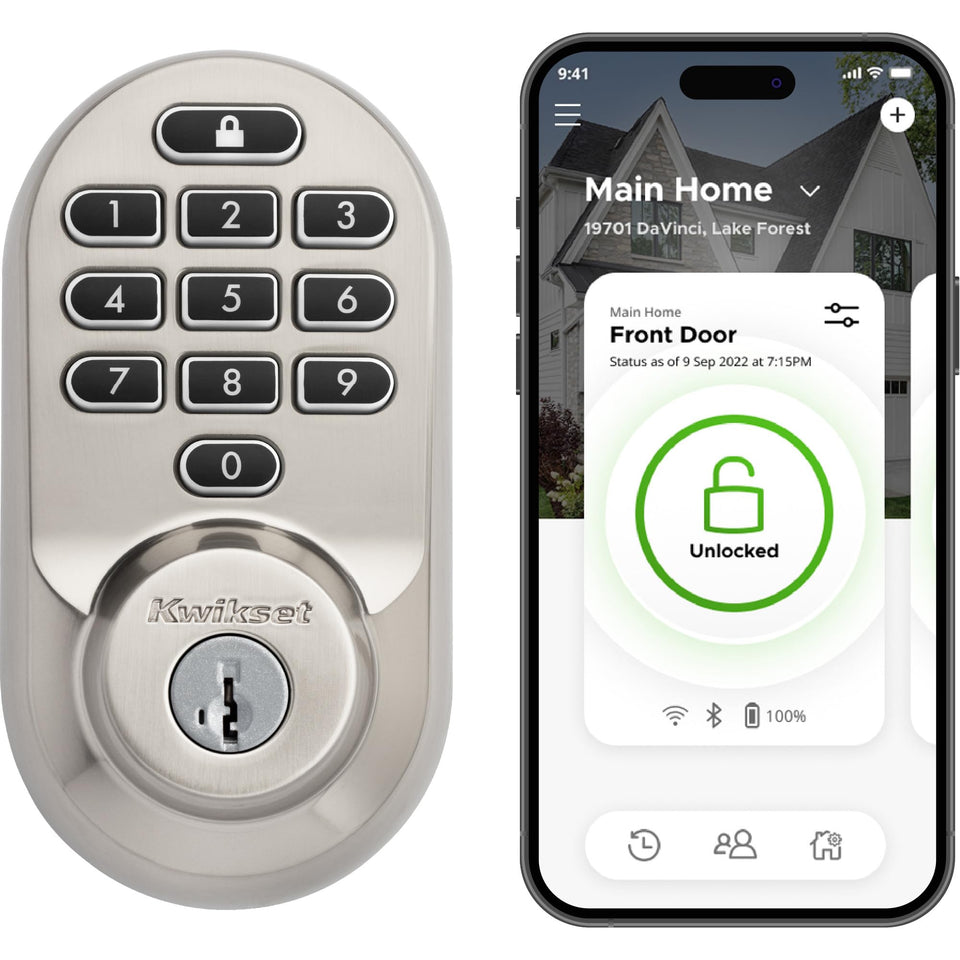 Kwikset Halo front view with satin nickel finish and keyless entry