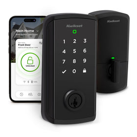 Kwikset Halo Select front door view with matte black finish and secure deadbolt.