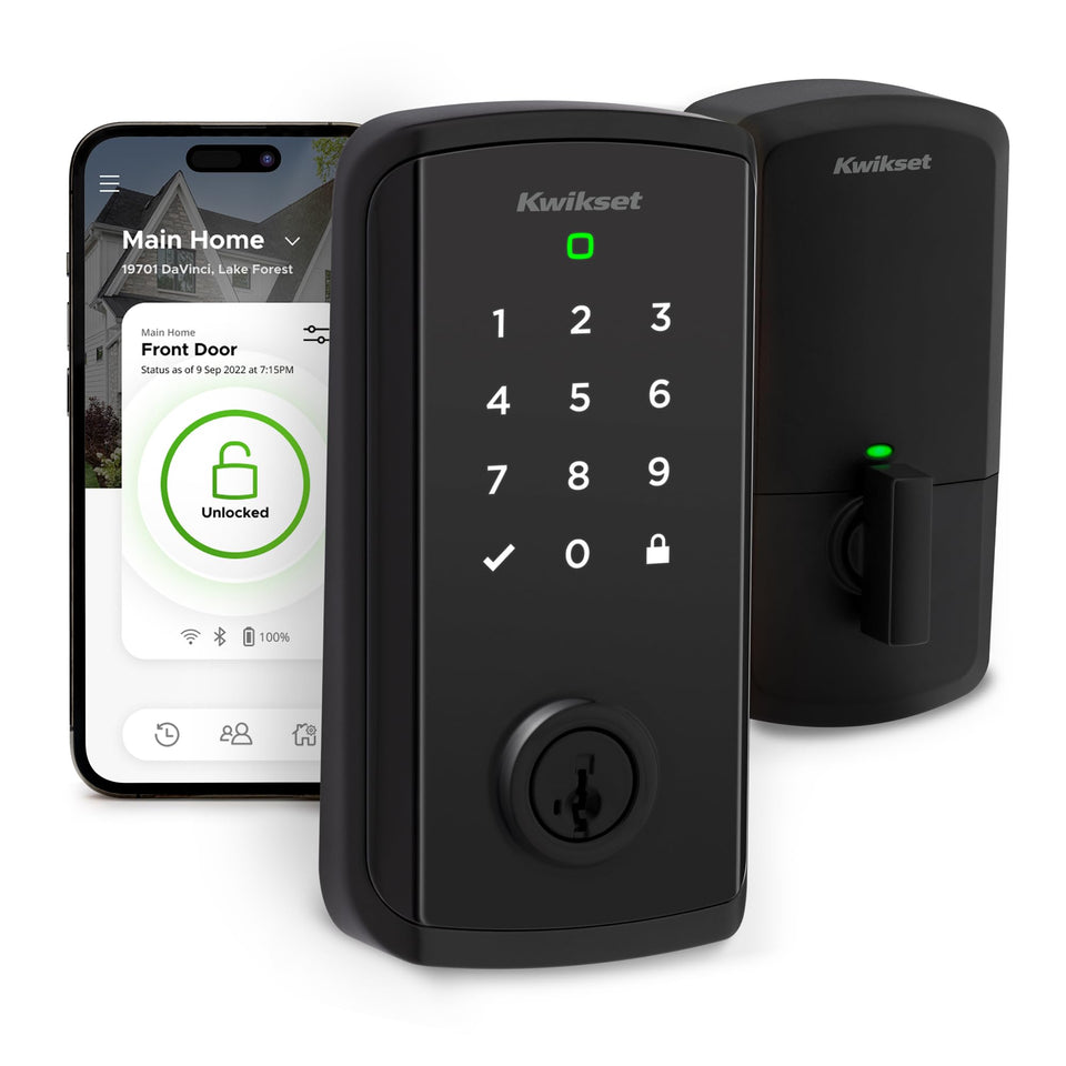 Kwikset Halo Select front door view with matte black finish and secure deadbolt.
