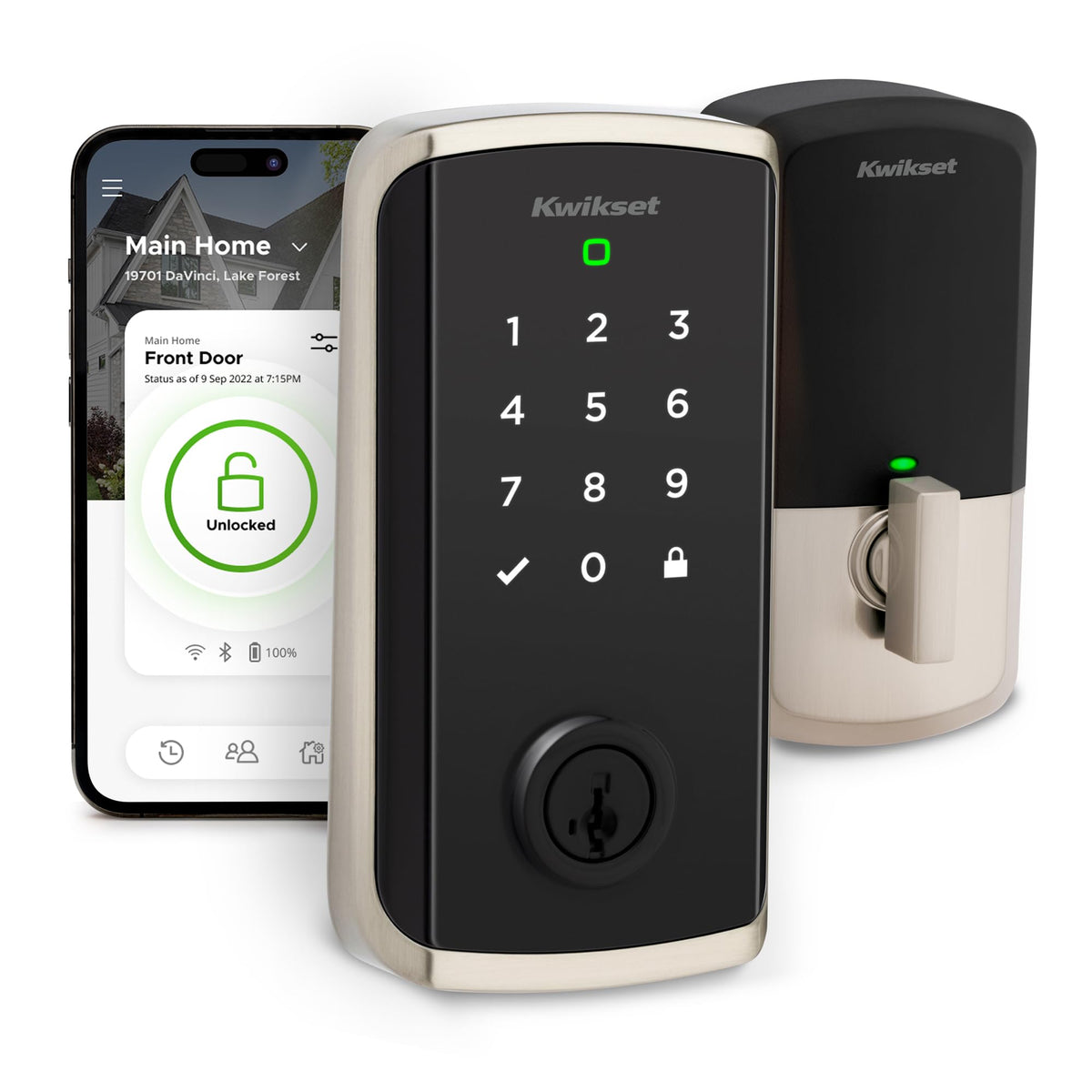 Kwikset Halo Select front view with satin nickel finish and secure deadbolt