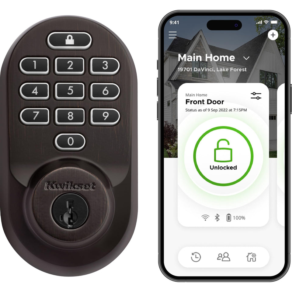 Kwikset Halo smart lock on front door with Venetian Bronze finish for keyless entry