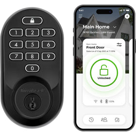 Kwikset Halo smart lock front view with matte black finish and keypad