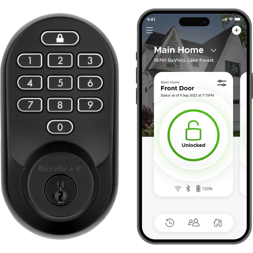 Kwikset Halo smart lock front view with matte black finish and keypad