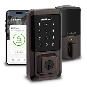 Kwikset Halo touchscreen lock front view with backlit keypad for easy access.