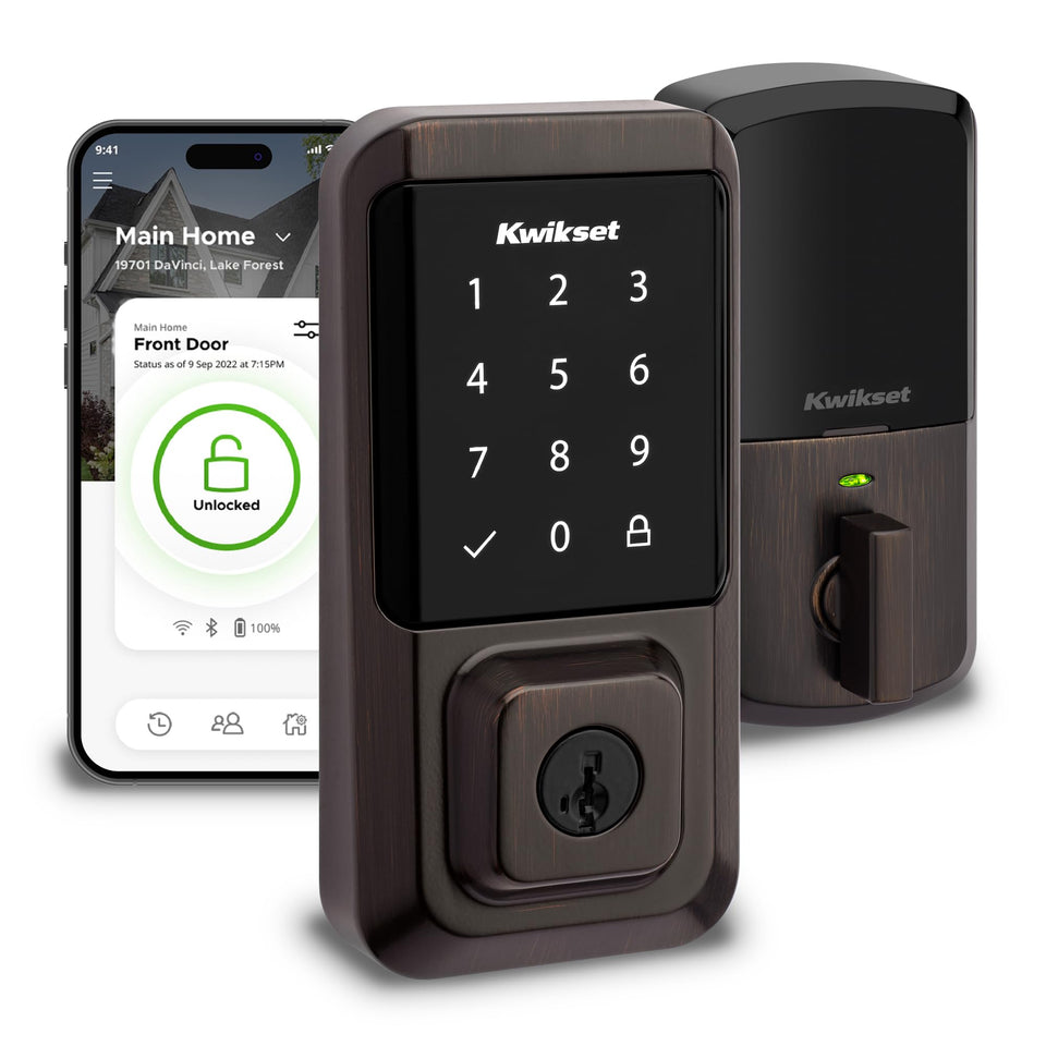 Kwikset Halo touchscreen lock front view with backlit keypad for easy access.
