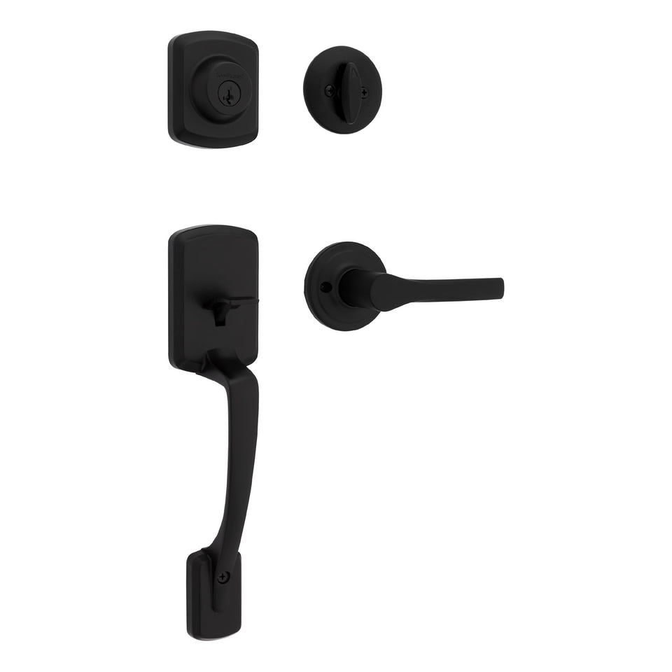 Kwikset Henley front door lock set with matte black finish for curb appeal.