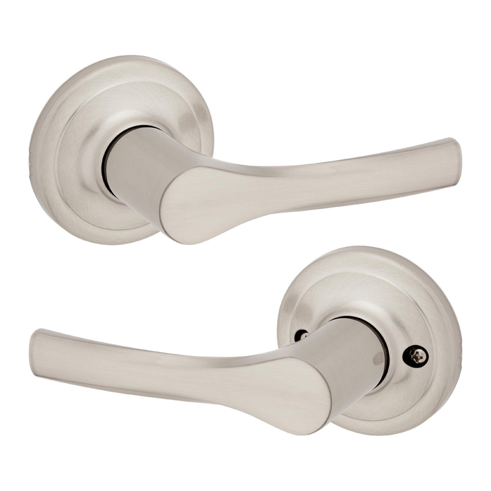 Kwikset Henley lever close-up in satin nickel shows modern design and smooth operation