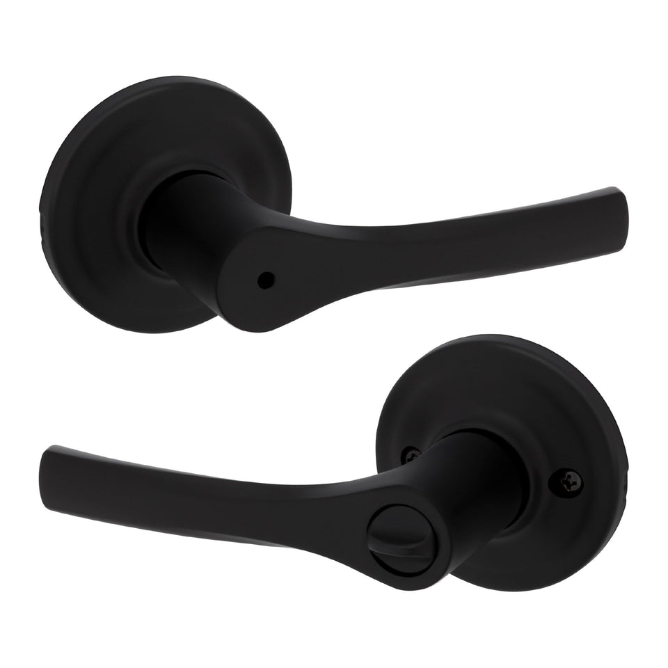 Kwikset Henley privacy lever on matte black hardware for bedroom or bathroom privacy.