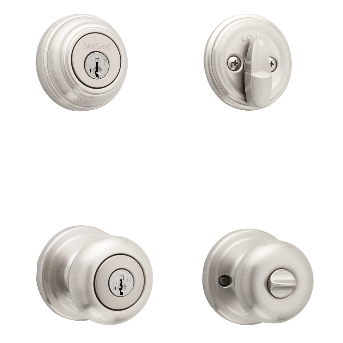 Kwikset Juno satin nickel knob and deadbolt for secure exterior entry.