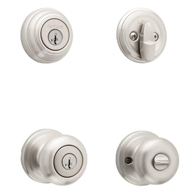 Kwikset Juno satin nickel knob and deadbolt for secure exterior entry.
