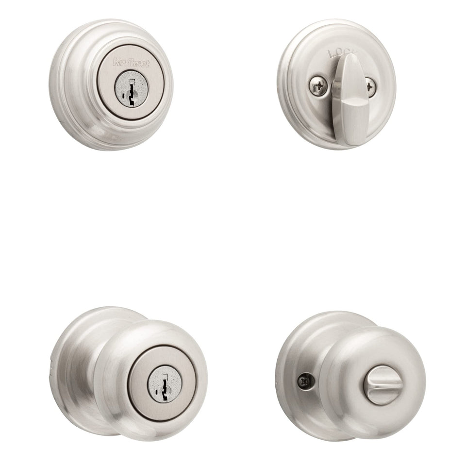Kwikset Juno satin nickel knob and deadbolt for secure exterior entry.
