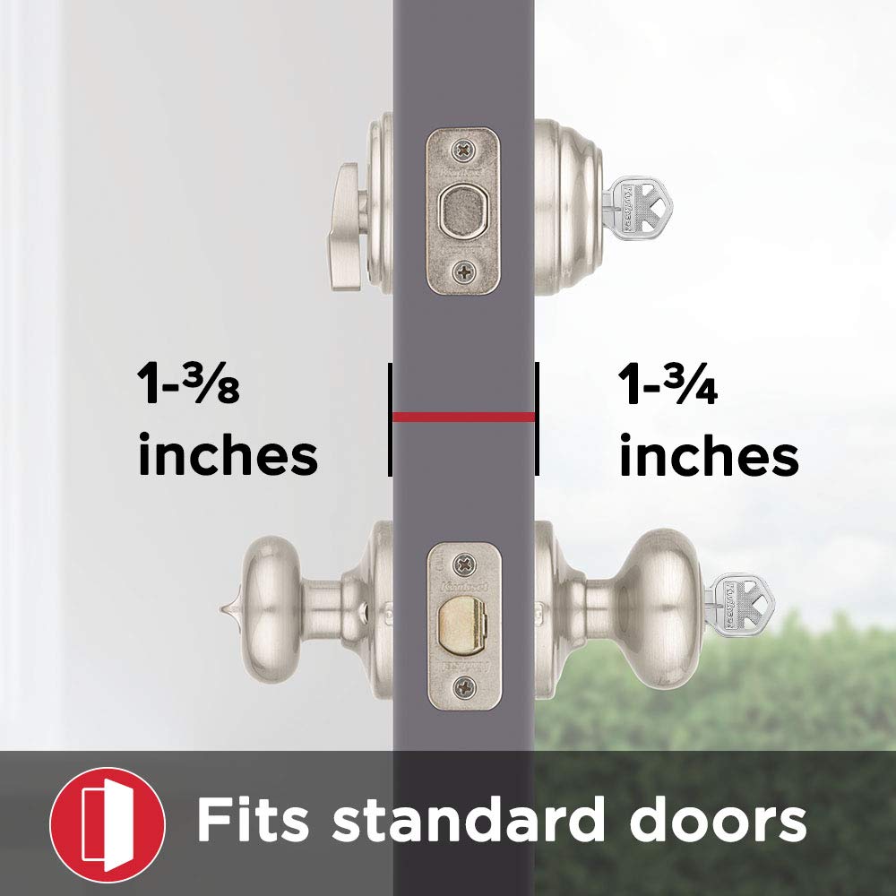 Kwikset satin nickel finish with lifetime warranty coverage.