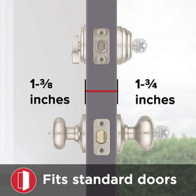 Kwikset satin nickel finish with lifetime warranty coverage.