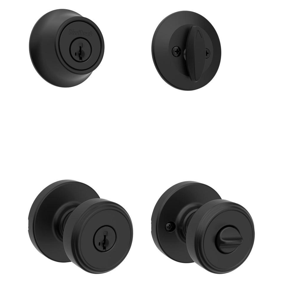 Kwikset Maven front door lock handle in matte black for secure entry