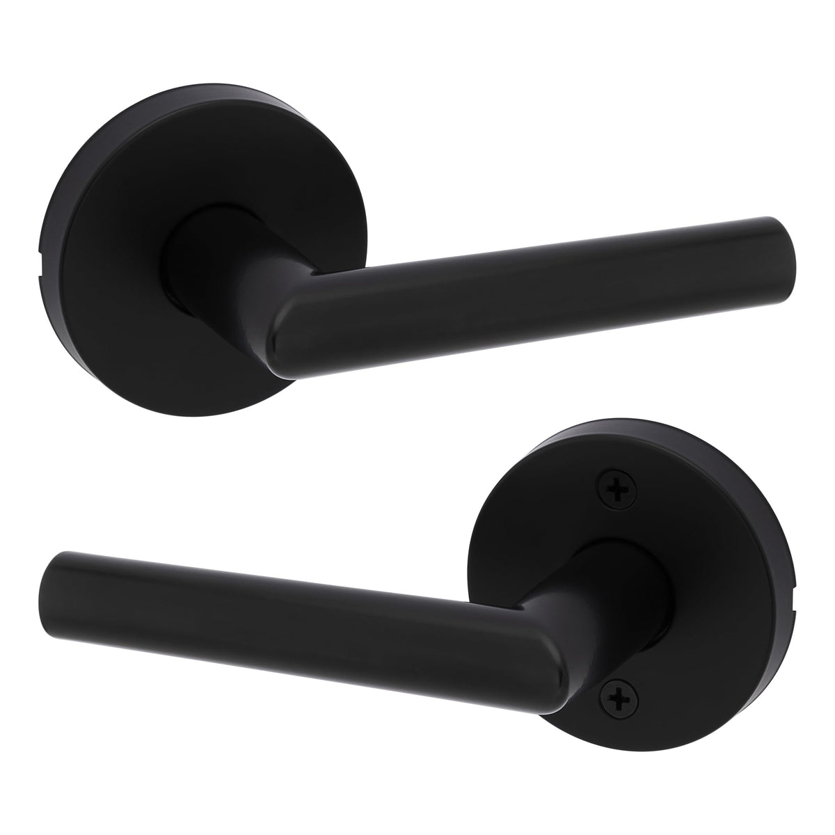 Kwikset Milan interior passage lever in matte black; modern closet door.