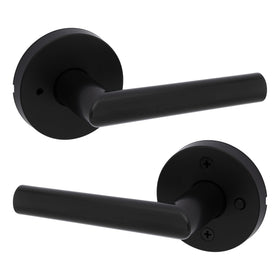 Kwikset Milan privacy lever in matte black for bedroom privacy.
