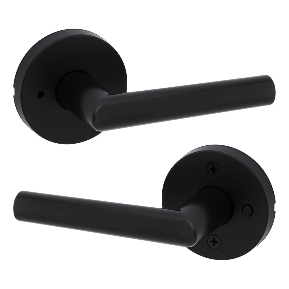 Kwikset Milan privacy lever in matte black for bedroom privacy.