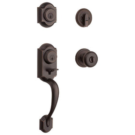 Kwikset Montara front door handle set in Venetian Bronze for secure exterior entry.