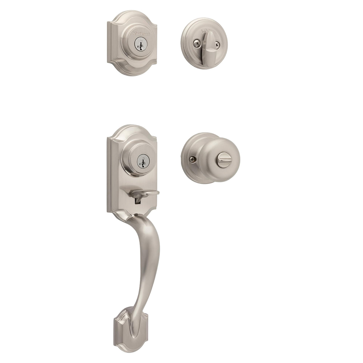 Kwikset Montara exterior front door lock set in satin nickel for secure entry.