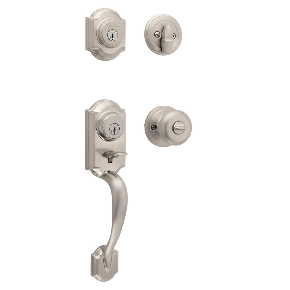 Kwikset Montara exterior front door lock set in satin nickel for secure entry.
