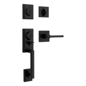 Kwikset Peralta front door lock set in matte black with two-point security.