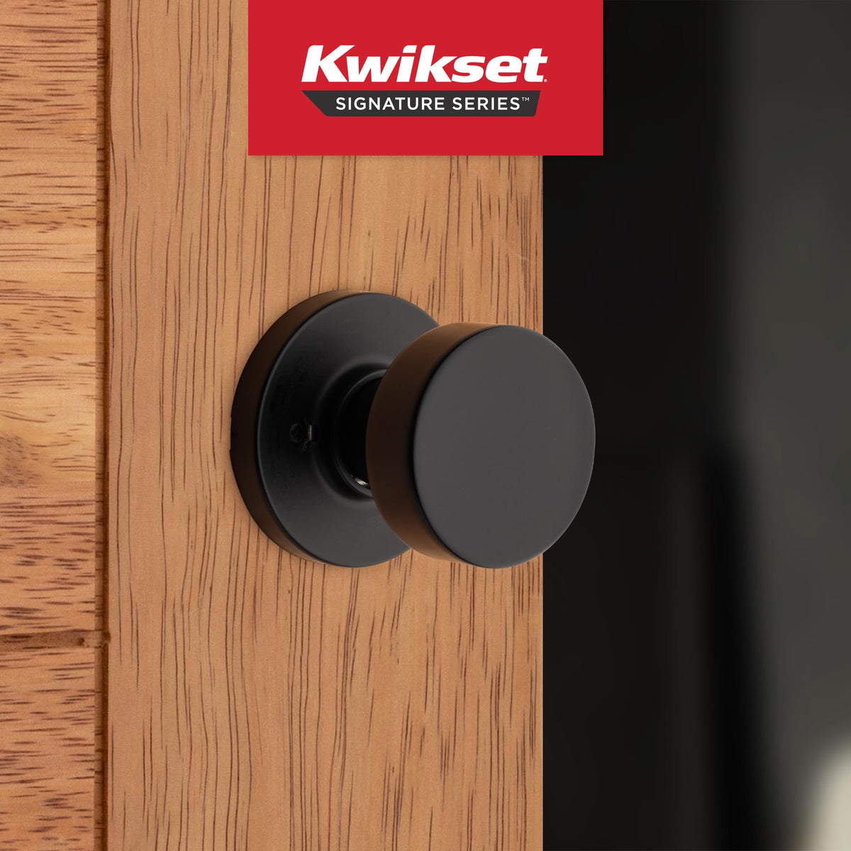 Kwikset Pismo dummy knob closeup showing non-turning design and minimalist hardware.