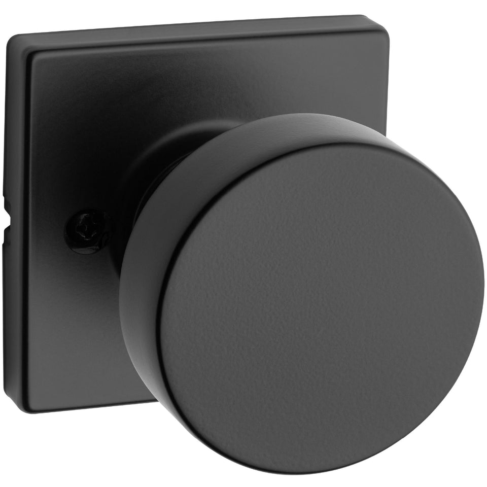Kwikset Pismo dummy door knob in matte black, non-turning pull for interior doors