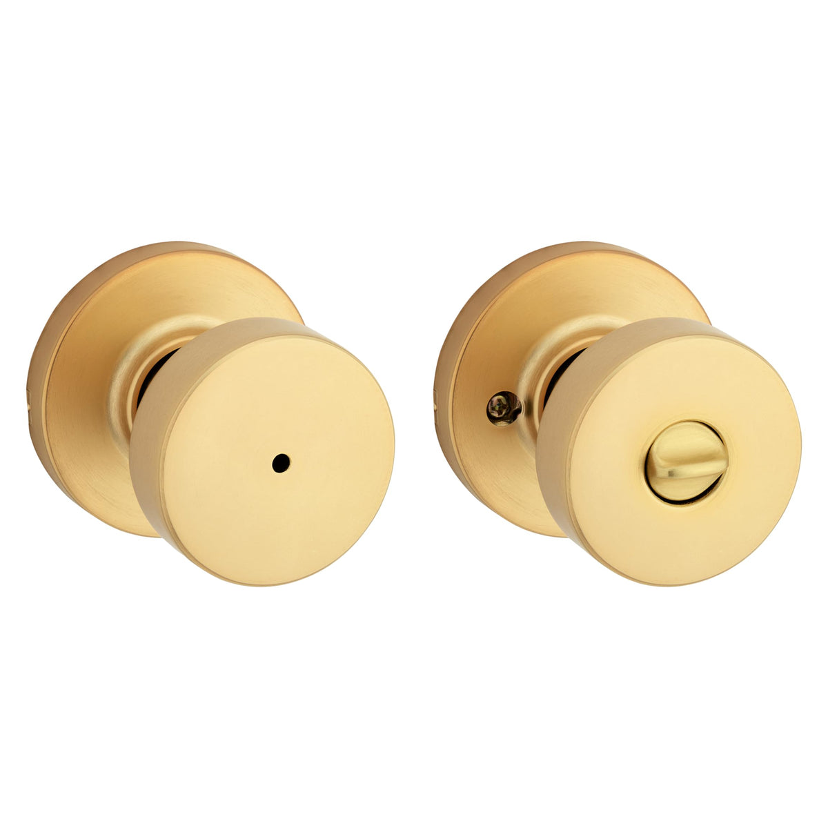 Kwikset Pismo interior privacy knob closeup with satin brass finish for refined interior doors.