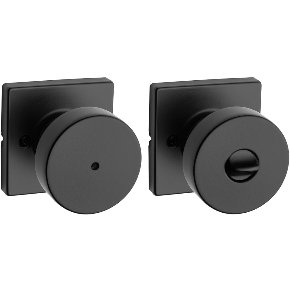 Kwikset Pismo interior privacy knob in matte black for bedrooms and bathrooms.