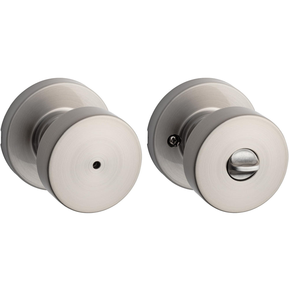 Kwikset Pismo interior privacy knob with satin nickel finish for modern interiors.