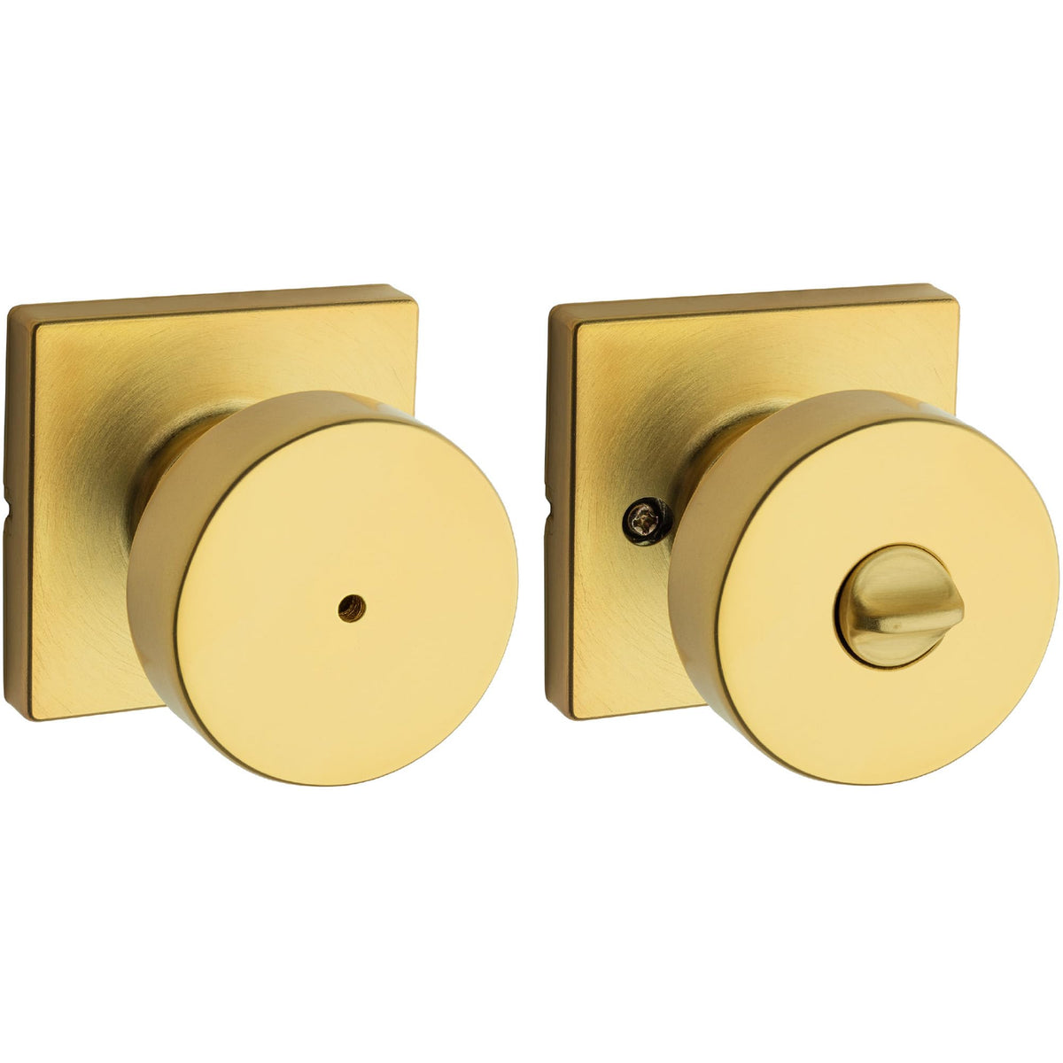 Kwikset Pismo privacy knob with square satin brass rose for bedrooms