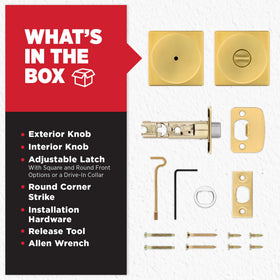 Kwikset Pismo satin brass finish complements standard doors and decor