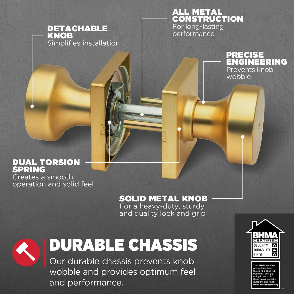 Kwikset Pismo thumb-turn inside knob in satin brass for easy locking