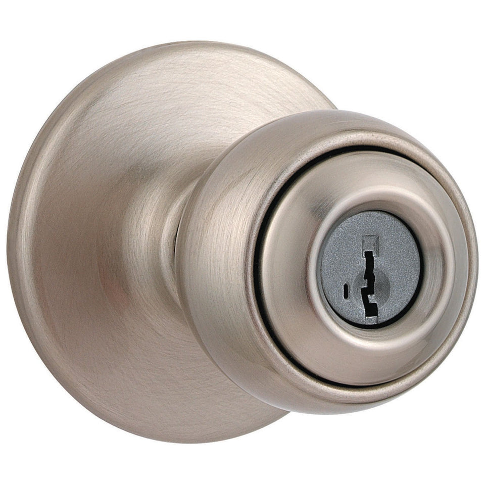 Kwikset Polo entry door knob with lock, satin nickel finish, secure keyed entry for exterior doors